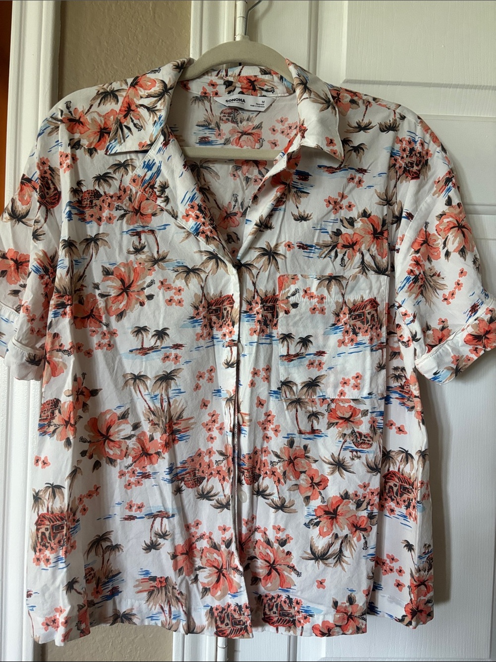 Sonoma Coral and Blue Tropical Camp Shirt